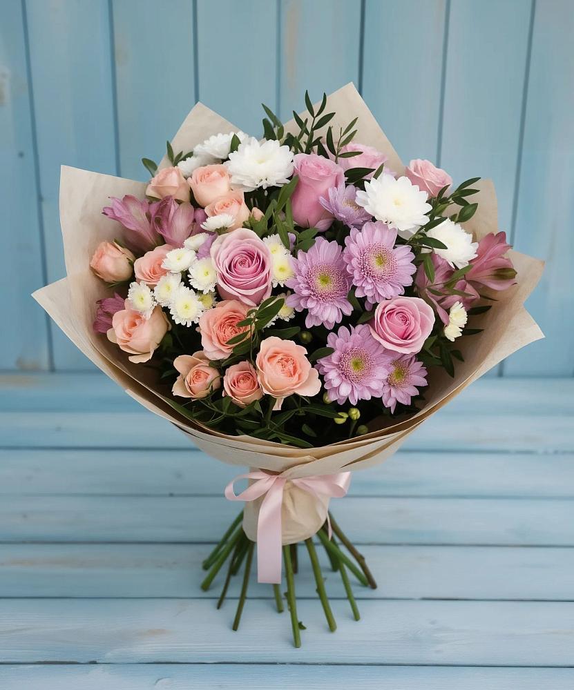 Букет цветов из: Хризантемы, Розы и Альстромерии в Семилуках