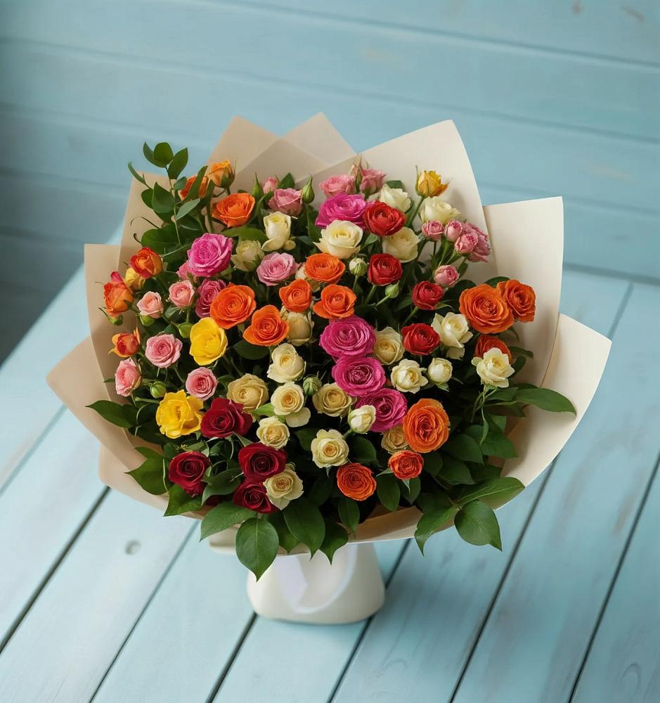 Букет Микс из разноцветных кустовых роз в Семилуках