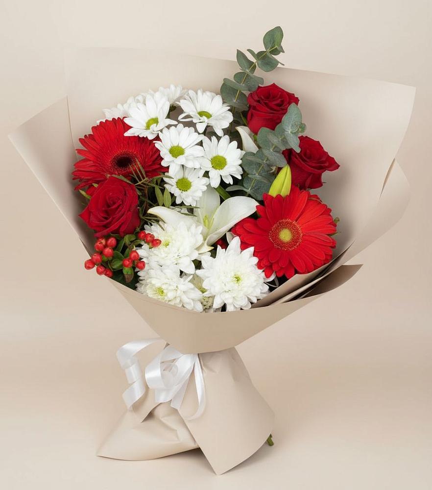 Букет цветов из: Розы, Хризантемы, Герберы и Лилии в Семилуках