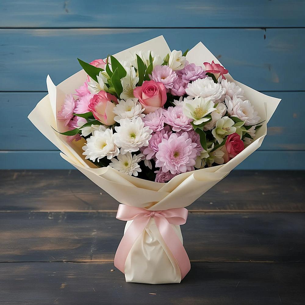 Букет цветов из: Хризантемы, Альстромерии и Розы в Семилуках